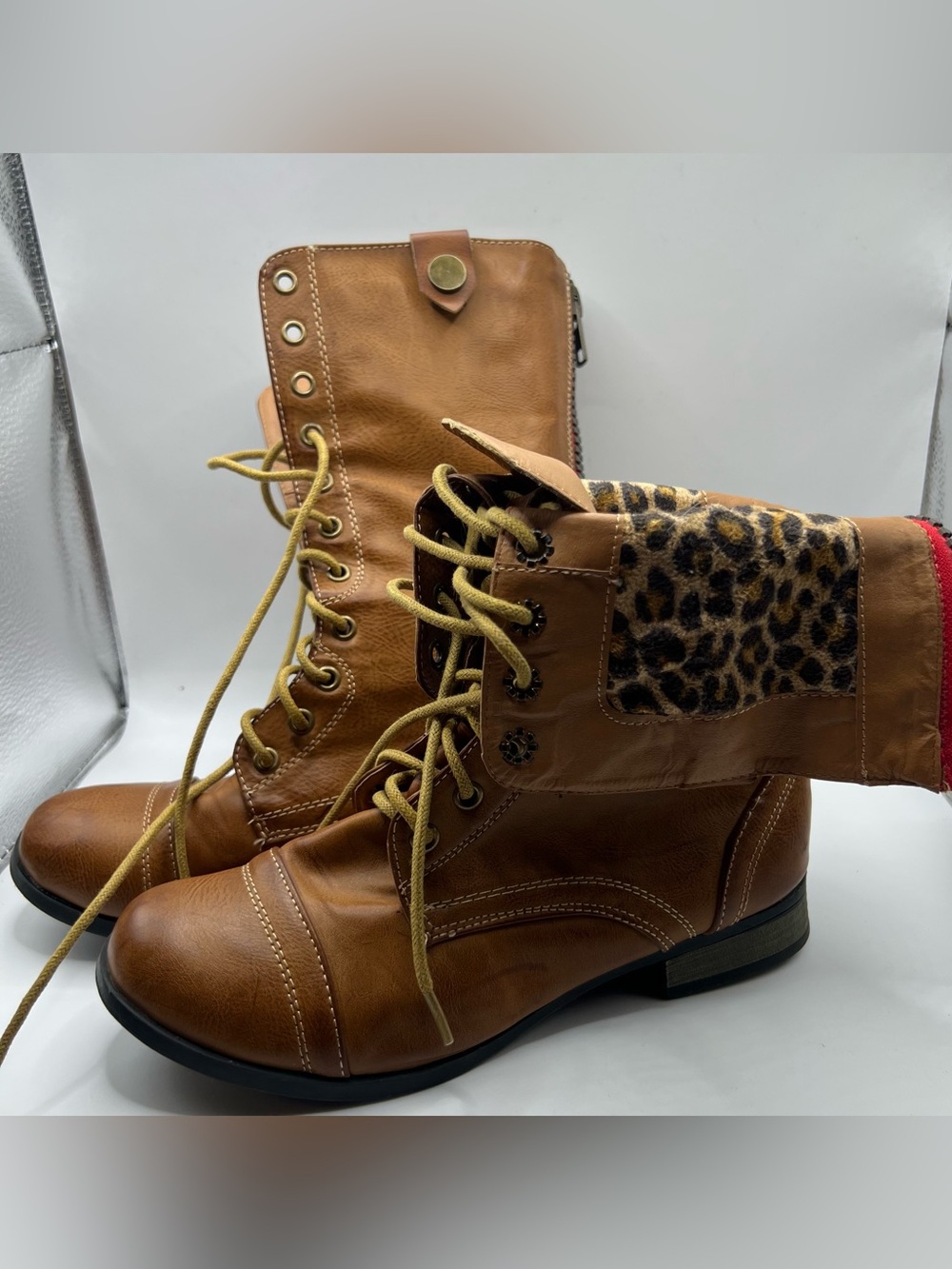 Y2K Wet Seal Vintage Size 6 Brown Fold Over Combat Boots Leopard Print Red Zip